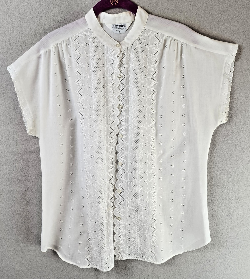 Judy Bond White Button-Up Eyelet Lacey Women's Top 16 Cap Sleeve White Vintage